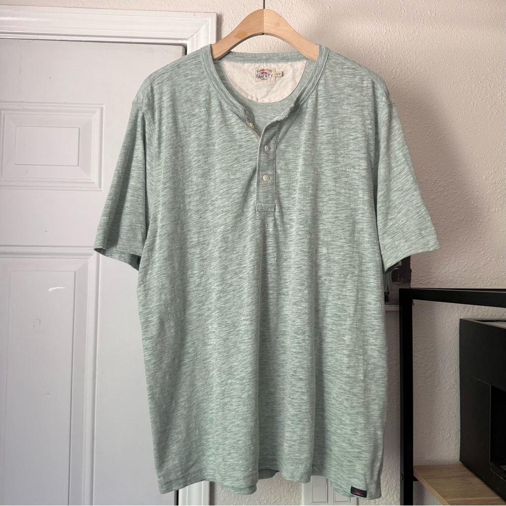 FAHERTY mint sage green cotton blend polo Henley slub knit‎ short sleeve shirt